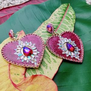 Dangle glitter heart shape base on alloy metal earrings,